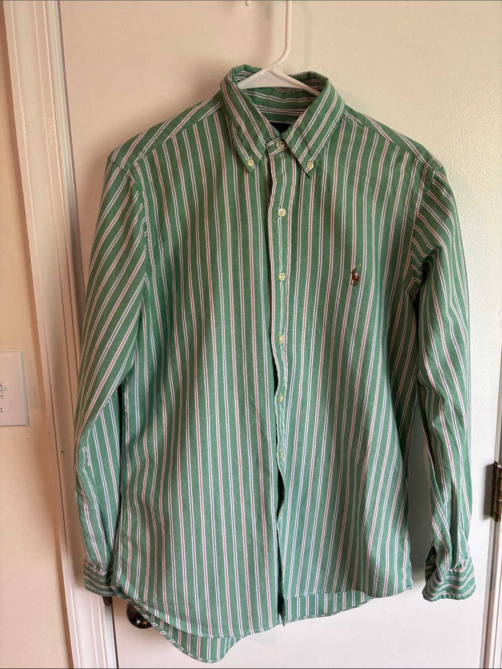 Ralph Lauren Green Striped Button-Down Shirt with Embroidered Pony